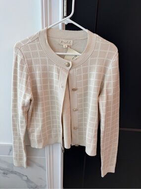 Marled Cream Windowpane Cardigan with Gold Buttons